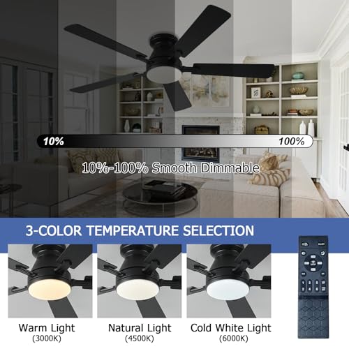 Image of Ayaoty 54 inch Ceiling Fans with Lights and Remote, Low Profile Ceiling Fan with Light, Flush Mount, Reversible, 3CCT, Dimmable, Noiseless, White Ceiling Fan for Bedroom, Indoor /Outdoor Use