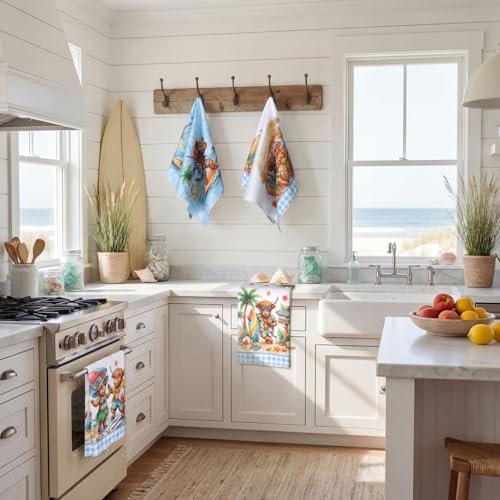 Image of Bencailor 6 Pcs Summer Sea Highland Cow Kitchen Towels Decorative Sets Dish Tea Towels Absorbent Hand Vintage Hanging Reusable Cleaning Dishcloths for Cooking Farmhouse Bathroom Accessory