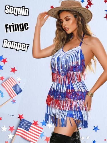 Image of Kaei&Shi Sequin Fringe Romper,Sparkly Glitter Metallic Jumpsuits For Women,Backless Shorts Dress Disco Birthday Dance Outfit