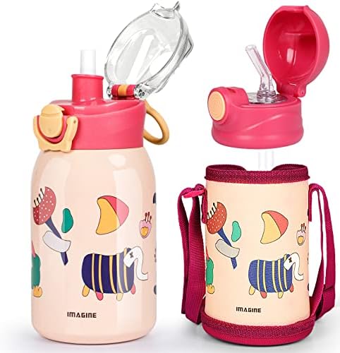 Kids Water Bottle with Straw 500ml/16oz Insulated Water Jug for Kids, Kids Insulated Sport Water Bottle With Straw Lid,Two Lids Stainless Steel Water Flask Kids with Bottle Cover and Strap