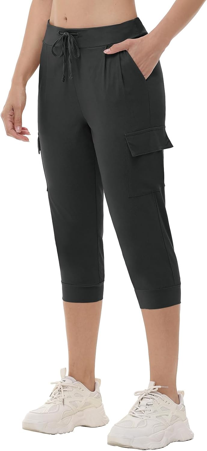 Womens Capri Cargo Joggers Pull on Capris Pants Crop Cropped Golf Pants with Pockets and Drawstring - Image 2
