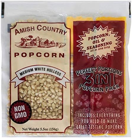Amish Country Popcorn | All-In-One Medium White Kernel Popcorn Packs | Pre-Measured for Popcorn Machines and Includes Hulless Popcorn, Oil & Salt (5.5 ounce, Pack of 24)