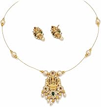 Lakshmi Pendant Necklace Set For Women With Earrings | Gold Plated Temple Jewellery | Traditional Ethnic Necklace Set For Saree