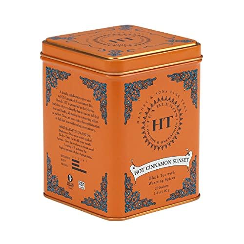 Harney & Sons Caffeinated Hot Cinnamon Sunset Black Tea with Orange and Cloves Tin 20 Sachets (Pack of 1)