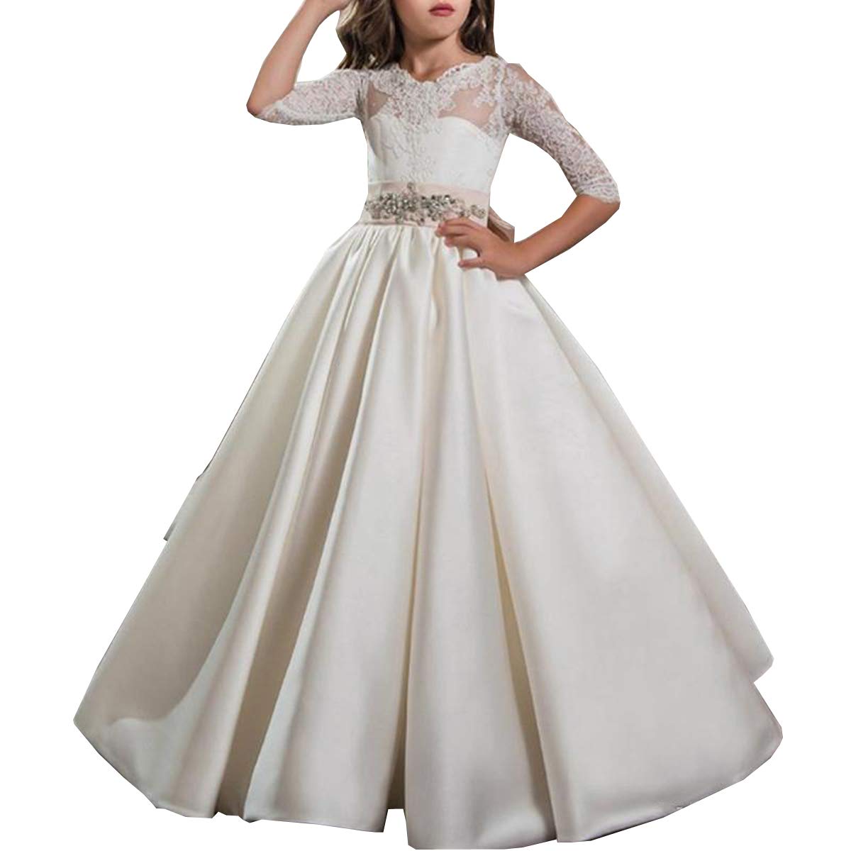 HEVECI Lace Dress 3/4 Sleeve Flower Girl Dress Sheer Neck Satin Holy Communion Ball Gowns Elegant