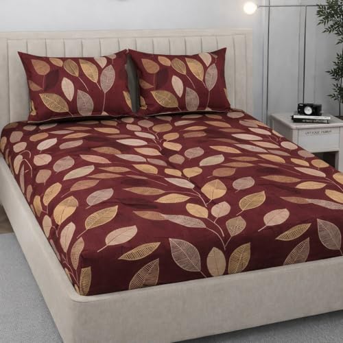 Image of Cotton Feel King Size Flat Bedsheet for Double Bed (90 x 100 Inches | 230 x 250 cm) with 2 Pillow Covers | Soft & Smooth Printed Bedsheet for Daily Use (Wine New, King Bed-90x100)