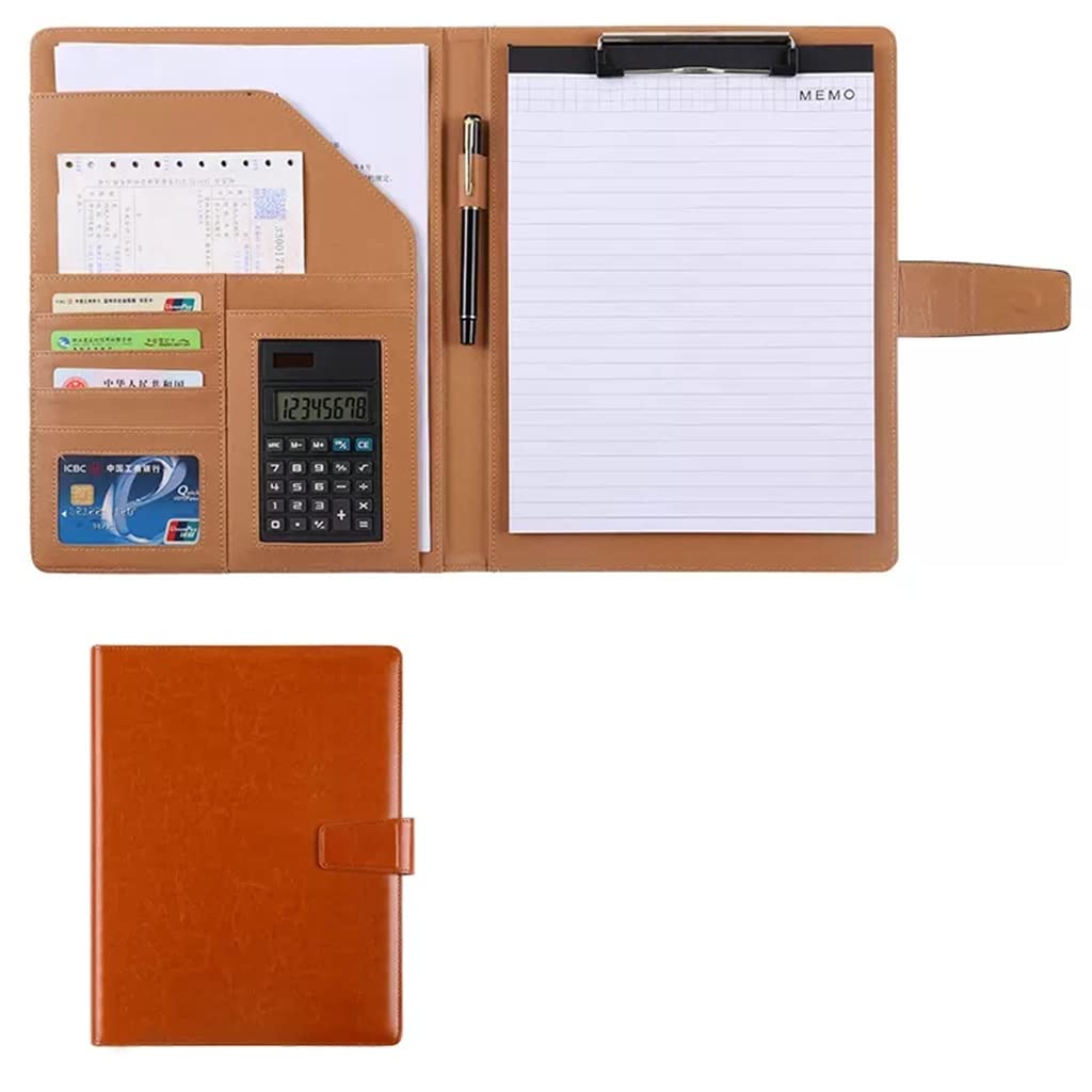 Dossier de conférence Organisateur de dossiers， Porte-bloc A4 avec rangement, porte-CV avec pochette et bloc-notes d'entretien en similicuir de qualité supérieure(Bruin,8digit calculator)