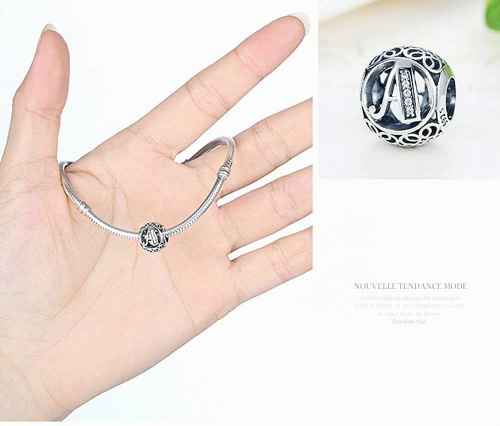 NINGAN Argent Sterling 925 Charme Lettre de l'alphabet Femmes Pearl Charms avec 5A Zircone Compatible pour Européen Bracelets