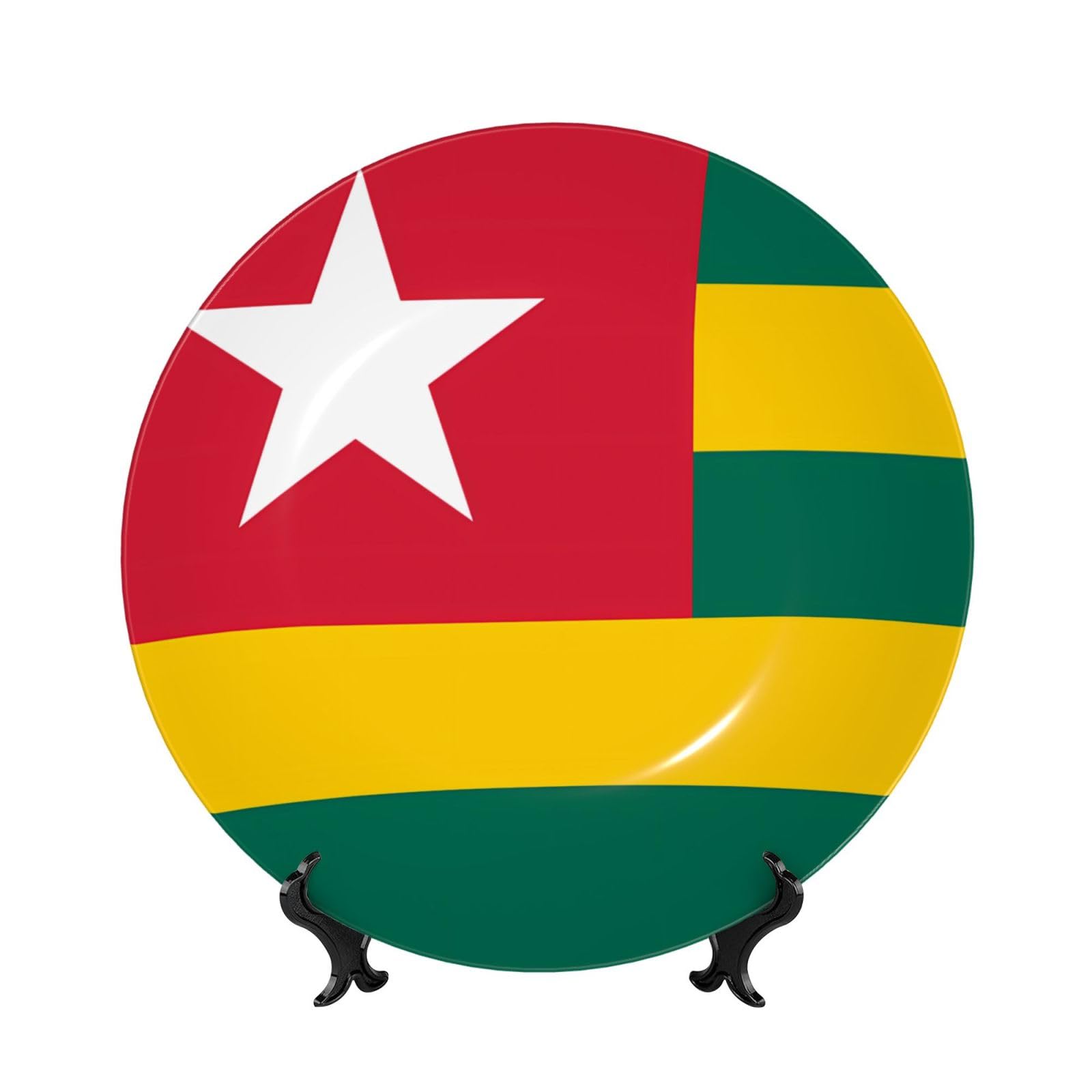 SXZVVBN Flag of Togo Bone China Decorative Plate Art with Stand Removable Adhesive Hanging for Home Office 10in（25cm）