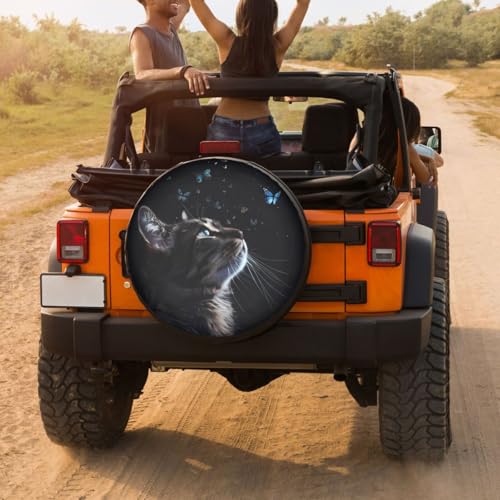 Image of Cat Butterfly Spare Tire Cover Dust-Proof Wheel Tire Cover Fit Trailer, RV, SUV and Many Vehicle 14 Inch