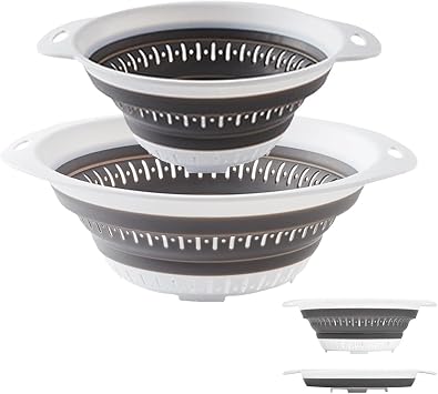 Collapsible Colander and Strainer,Silicone Strainer Colanders & Food Strainers,for Vegetable and Fruit, Kitchen Essentials 2, White, 1.3L+2.5L