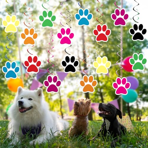 Image of Weecent 24 Pcs Dog Paw Prints Themed Party Hanging Swirl 8 Colors Puppy Birthday Decorations Banners Paw Prints Ceiling Streamers for Pets Birthday Party Favors Supplies