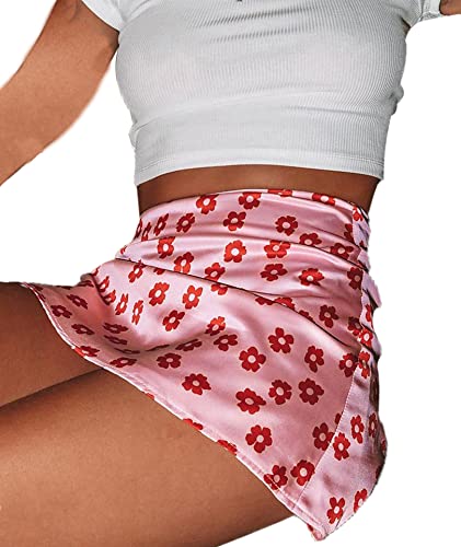 Mingnos Women's Cute High Waisted Floral Leopard Print Zipper Lined Mini Short Satin Skirt (Pink, L) #TOP6