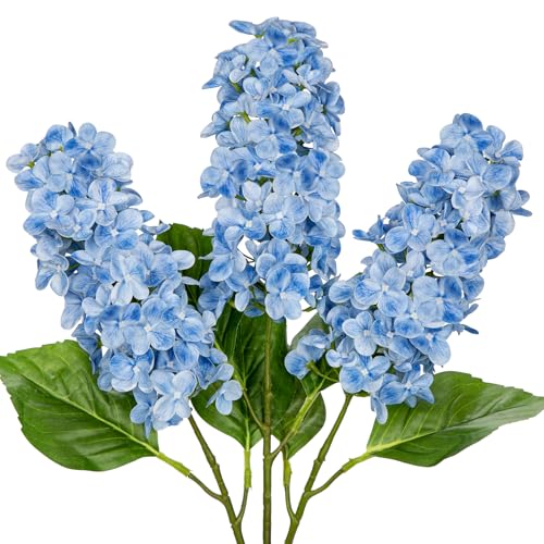 Briful 24.8 Artificial Hydrangea Flowers Real Touch Panicled Hydrangea Stems, 3PCS Blue Artificial Flowers Faux Cone Hydrangeas for Tall Vase, Home Décor, Floral Arrangements