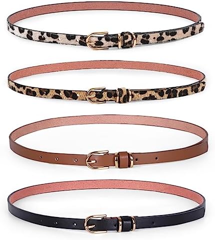 JASGOOD Women Leopard Leather Belt Skinny Dress Belt for Jeans Pants with Gold Buckle 4 Pack (Black+Brown+Leopard,Best for waist size 26"-30")
