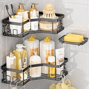MAXIFFE Shower Caddy, 3-Pack Shower Organizer with Soap Holder, Corner Shower Caddy with 8 Hooks, Wall Mounted Shower Shelf for Bathroom, Kitchen, Countertop, Black