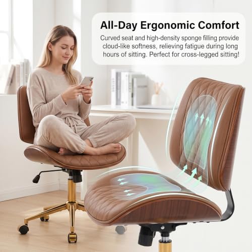 FervorFurn Armless Office Chair with Back, Mid Century Modern Walnut Style Desk Chair, No Arms Leather Computer Chair for Home Office, Vanity Chair, Seat-Rocking, Adjustable Height (Light Brown) - image 8
