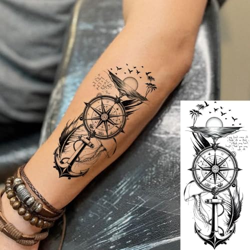 Image of Bilizar 12 Sheets Creative Compass Anchor Temporary Tattoos For Men Women Adults Forearm Tattoo Sticker, Realistic Viking Totem Fake Tattoos Half Arm Sleeve Arrow Chains Tatoos Waterproof Long Lasting
