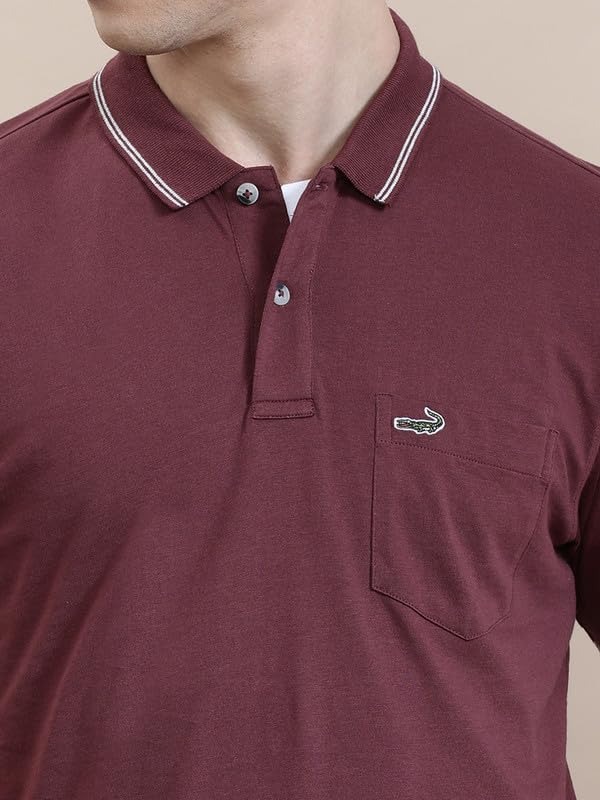 Image of CROCODILE Men Solid Slim Fit Polo T-Shirt | Regular Length | Short Sleeve | Button Placket | Casual Knitted Topwear