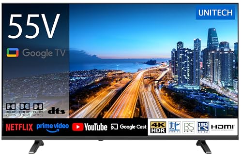 UNITECH 55インチ Google TV搭載スマートテレビ 地上デジタル、BS/CSデジタルチューナーを内蔵し、外付けHDDでの裏番組録画 4K解像度とHDR対応で、鮮明で美しい映像を実現 Dolby Audio、Atmos、臨場感のある視聴体験を提