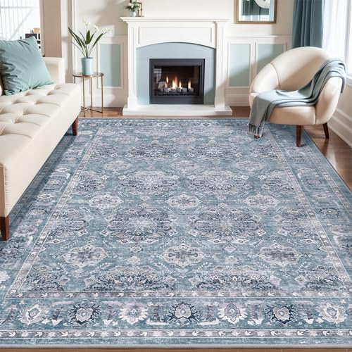 SERISSA Boho 8x10 Area Rugs Blue Grey, Washable Vintage Floral Large Living Room Rug Non-Slip, Ultra Soft Oriental Print Distressed Farmhouse Carpet for Dining Room Bedroom Dorm Office Home Decor