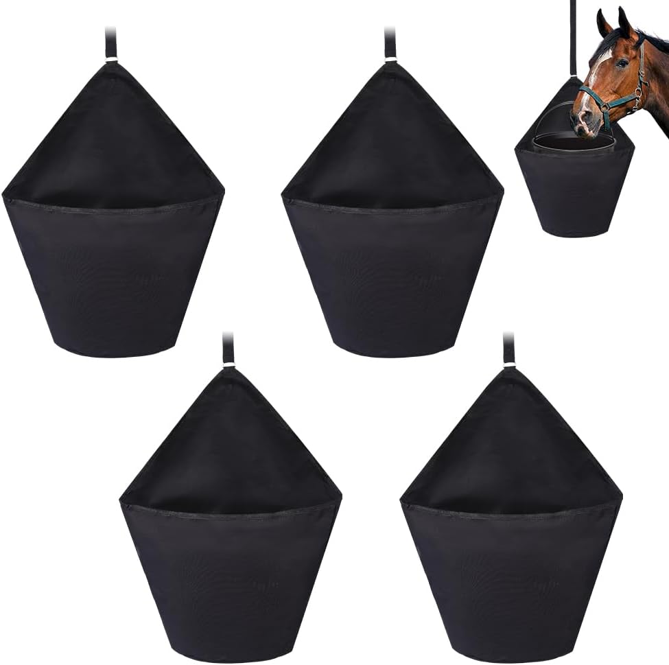 WEBEEDY 4 Pcs Horse Feed Bag Trailer Hanging Bucket Bag for Water Bucket, Horse Trailer Hanging Organizer with Strap for Stable Barn Pasture Use Horses Feeding Accessories Supplies, Black