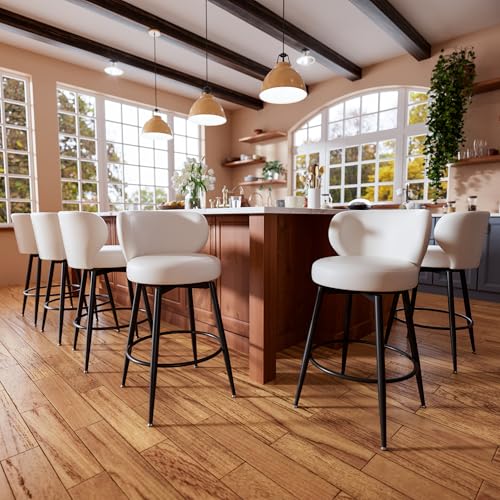 Image of 26 inch Cream White Bar Stools Set of 6, Swivel Kitchen Island Chairs