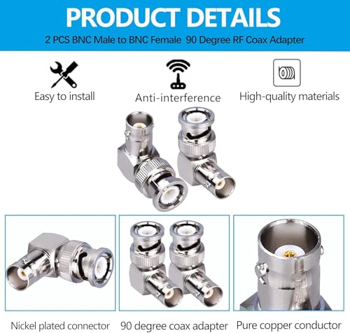 Image of MX BNC Male to BNC Female Right-Angle Adapter - 90 Degree RF Coax Connector for CCTV, Video, Test Equipment & Antenna Systems Pack of 2