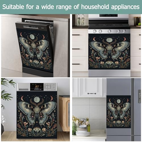 Image of Gothic Moth Dishwasher Covers for The Front Magnetic,Vintage Flowers Moon Refrigerator Magnets Decoration,Reusable Dishwasher Cover Panel for Home Kitchen Decor 23x26 Inch