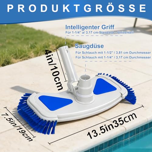 Poolbürste mit Sauganschluss 35 cm Bodensaugerbürste mit Seitenbürsten Drehanschluss für 32 mm und 38 mm Schlauch Pool Bodensauger Kopf für Aufstellpool Einbaupool