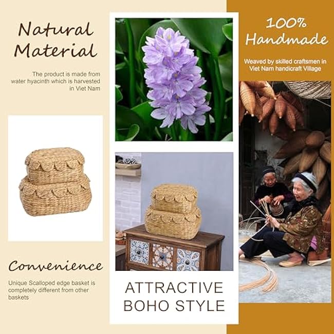 Round Wicker Storage Baskets with Lid, Rattan Basket Decorative Boxes, Woven Storage Box Hyacinth Basket with Lids, Scalloped Edge Wicker Basket with Lid, Set of 2