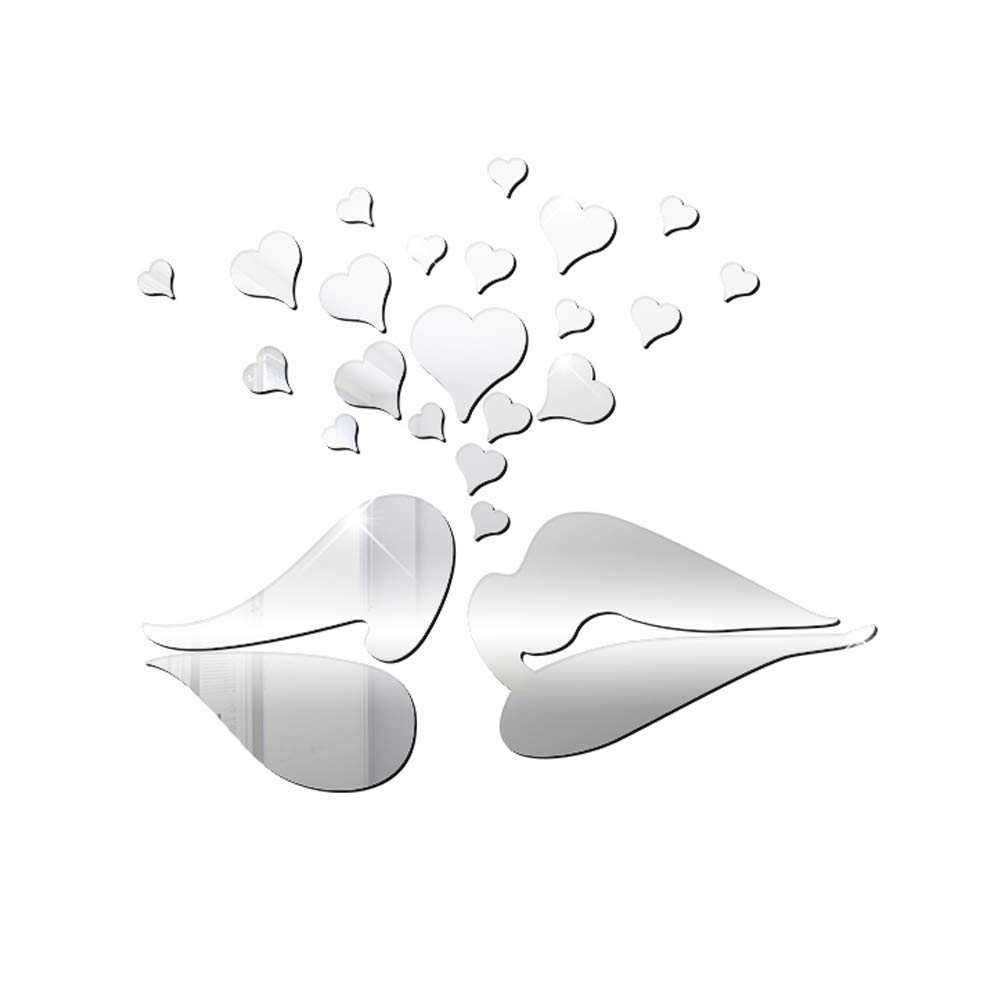 21inch Lip Love Heart Acrylic Wall Sticker, Acrylic Silver Love 3D Mirror Modern Acrylic DIY Art Wall Decal Valentines Gift Home Living Room TV Background Decoration Detachable
