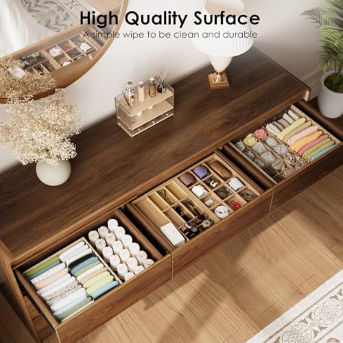 Image of Oransail 9 Drawer Dresser, 63 inch Wide Walnut Dresser Chest of Drawers, Curved Anti-Collision & Anti-Tipping Design, Mid Century Modern Wooden Dresser for Bedroom, Living Room, TV Stand