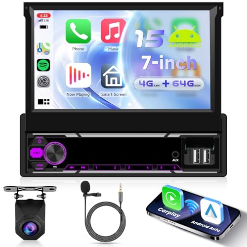 VECHTEL 8 Core 4G+64G Android 15 Radio Coche con Carplay Android Auto Inalámbrico, Pantalla Táctil Plegable Manual de 7 Pulgadas HD con Bluetooth GPS DSP 4G/Wi-Fi EQ Radio Am/FM/RDS 2USB Cámara