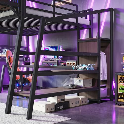 Image of Bellemave Queen Size Gaming Loft Bed with Desk and Wardrobe Storage Stairs,Shelves, LED USB, Loft Bed Queen Size for Teens Metal, Black