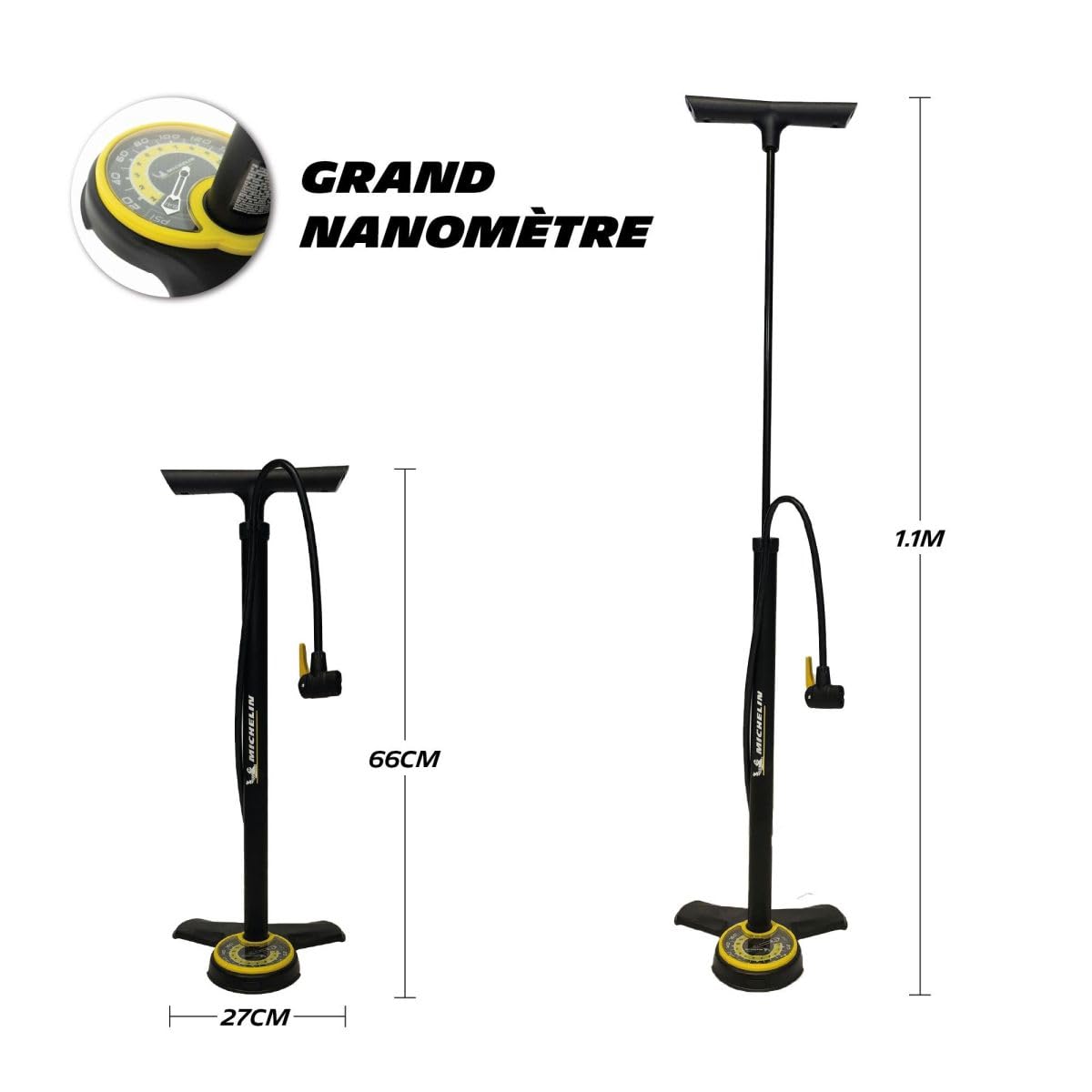 Pompe à Pied en Acier MICHELIN avec Manomètre - Pompe à Vélo Tri-Valve Compatible VTT, VTC, VAE
