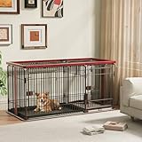 Petnniko 犬 ケージ 犬 ゲージ 犬ゲージ 幅146×奥行68×高さ70cm 小中大型犬用 ペットケージ 犬サークル 木製 室内 マット付き トイレ 屋根付き トイレトレーニング出来る 仕切 組立簡単 掃除しやすい (ブラック＋レッド)