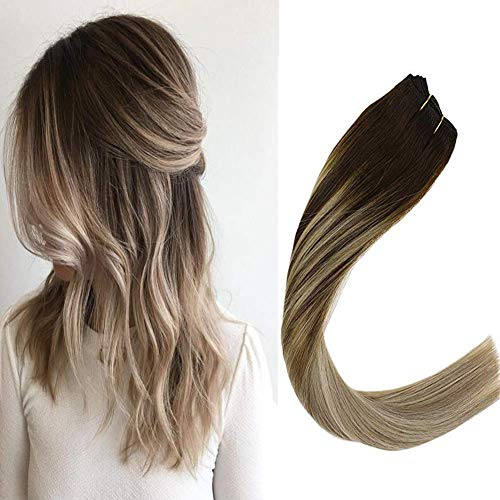 VeSunny Blonde Balayage Tape in Hair Extensions Human Hair Dark Brown Fading to Brown Highlights Blonde Double Weft Remy Hair Silky Straight Hair Extensions 24 Inch 20pcs 50g