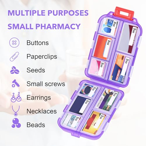 Image of Travel Pill Organizer with 189 Labels, 10 Compartments Pill Travel Case Travel Medicine Organizer Purse Essentials Travel Daily Pill Container Mini Pill Case(Purple, 1 Pack)