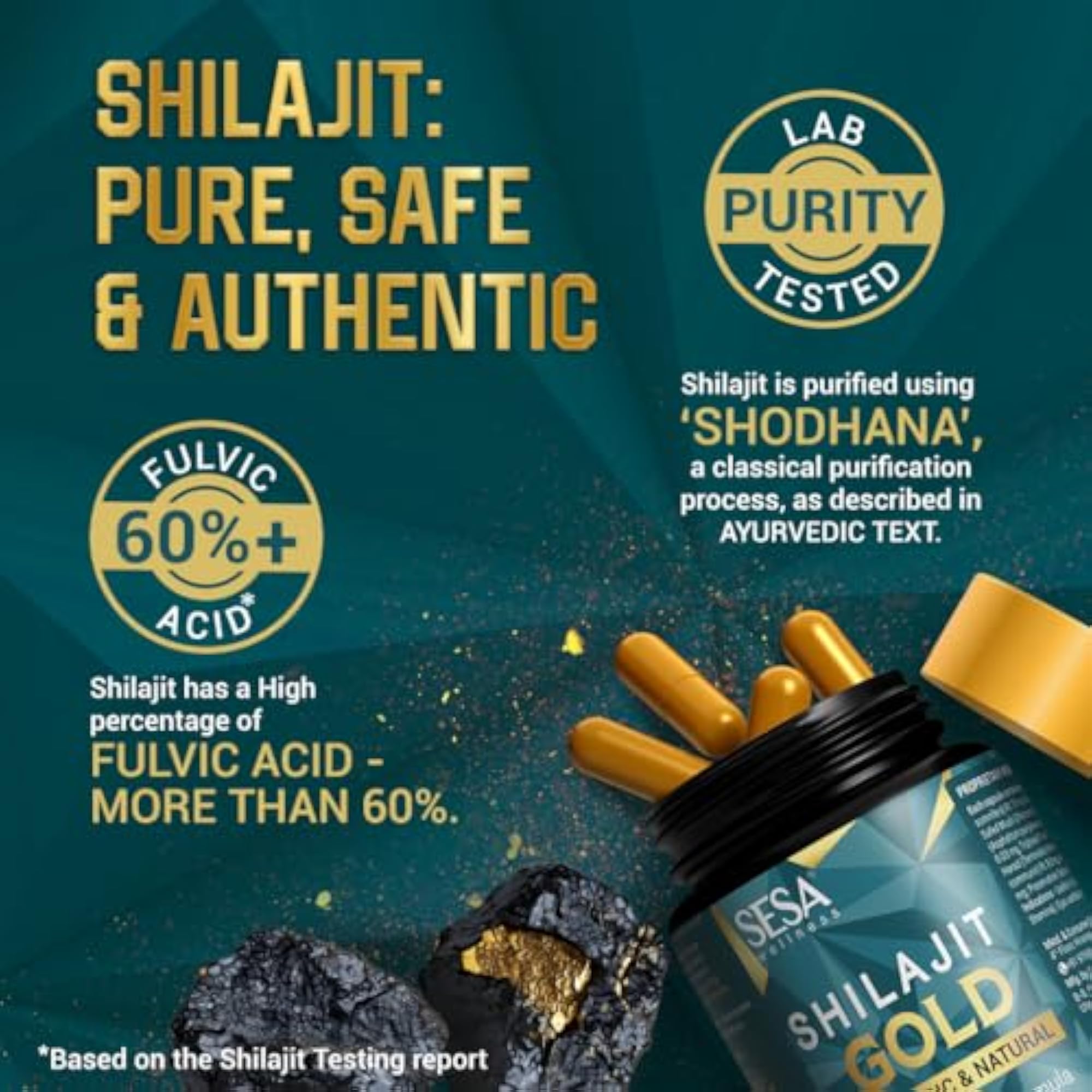 SESA Shilajit Capsules, 60%+ Fulvic Acid, 60 Count