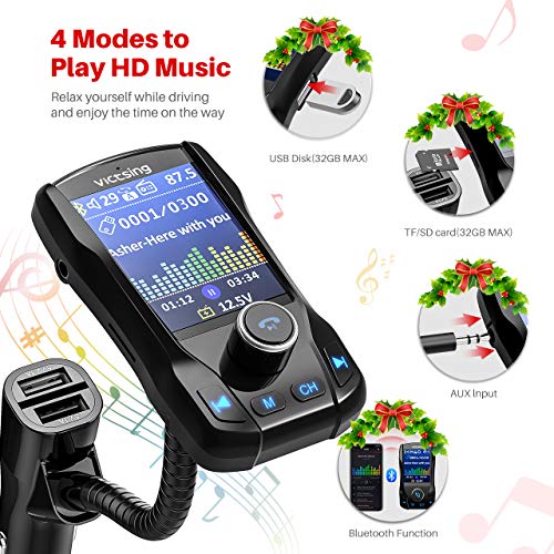 VicTsing 1.8" Color Display Bluetooth FM Transmitter for Car, Wireless Bluetooth Car Adapter with EQ Mode, Power Off, 3 USB Ports, 4 Music Playing, Hands-Free Calls, AUX Input