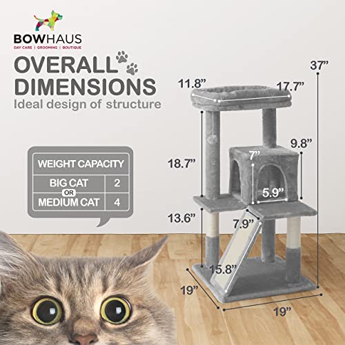 Image of BOWHAUS Tall Cat Tree for Indoor Large Cats or Kittens, Multi-Level Cat Activity Tree with Scratching Posts, Hammock, Cat Cave Condo, Modern Cute Small Cat Climbing Tower with Widened Perch