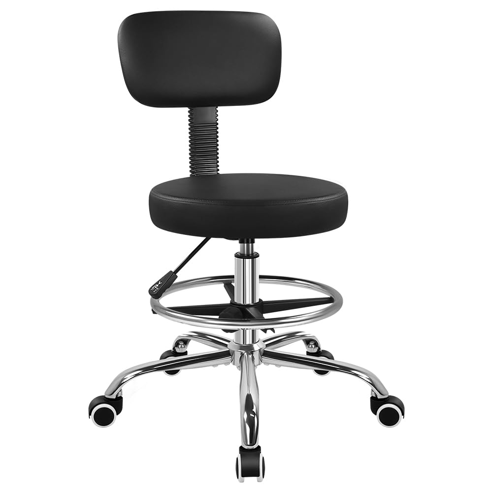 Sgabello da disegno nero con schienale, alto e regolabile in altezza, con ruote, cuscino spesso, sedia da ufficio alta per officina, salone, bar, cucina, studio, casa, laboratorio, bancone, spazio
