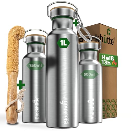 Blockhütte Premium Edelstahl Trinkflasche isoliert I 1L I mit Naturborsten Bürste I Isolierflasche...