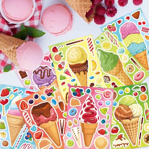 Image of Ice Cream Stickers, Make Your Own Sticker, Make a Face Stickers | 24 Sheets Summer Sticker for Kids Toddlers, Ice Cream Party Favor Supplies Craft