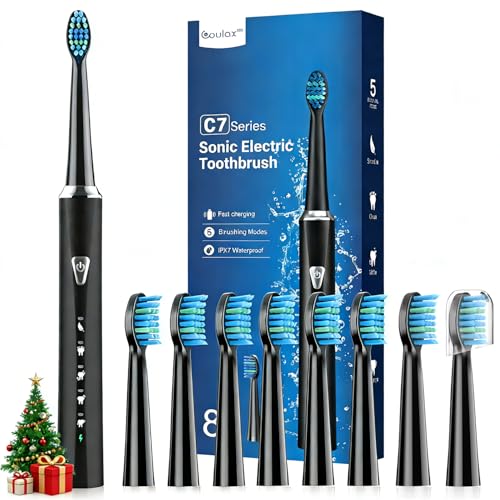 Cepillos de Dientes Electricos Sónico Adultos con 8 Cabezal - Cepillo Electrico con Estuche de Viaje, 5 Modos y IPX7, Cepillos de Dientes Eléctricos Ultrasónicos para Mujer Hombres, Negro Oscuro