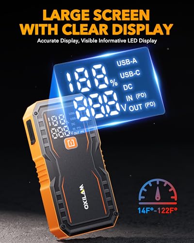 Image of OXILAM 20000mAh Jump Starter for All Gas & Diesel Engines, 9000A Battery Jumper Starter Portable, 12V Jump Box with Quick Charger, Extended Jumper Cable, LED Display, USB, DC, Type C Port & LED Light