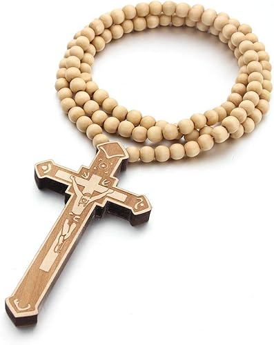 Miniatura 2 de COLORFUL BLING Cadenas de cuentas de madera natural, collares con colgante de cruz para hombres y mujeres, cristiano, religioso, católico, crucifijo