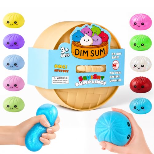 Image of Dumpling Squishies, Dumpling Mystery Box, Colorful Dumplings Stress Balls Fidget Sensory Toy, Stocking Stuffers with Food Steamer Stretchy Desk Toys (Flash Blue)
