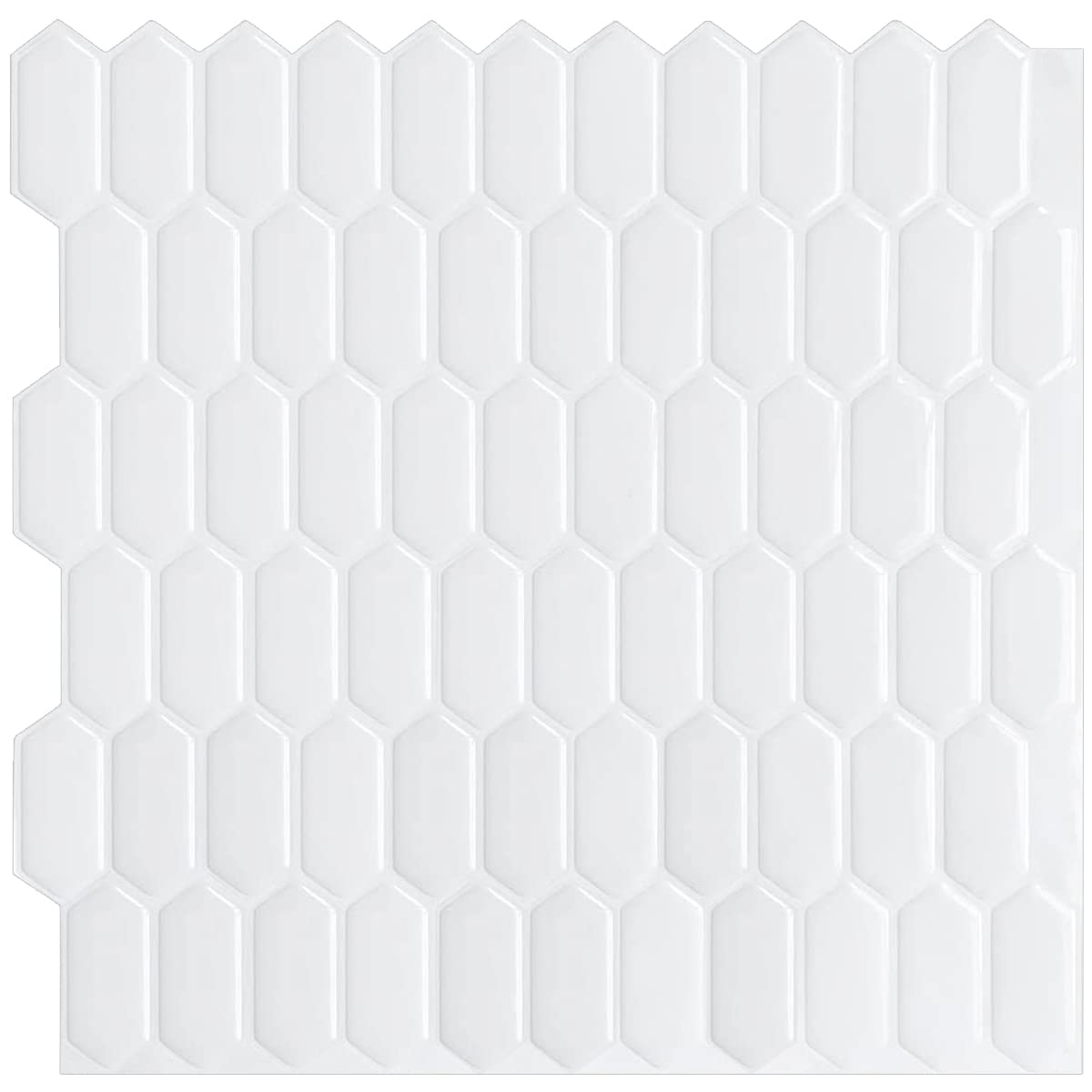 WalDecoo Long Hexagon Peel and Stick Tile Backsplash for Kitchen, 12"×12" White 3D Self-Adhesive Tile, Stronger Adhesive, 10-Sheet Stick on Backsplash for Kitchen